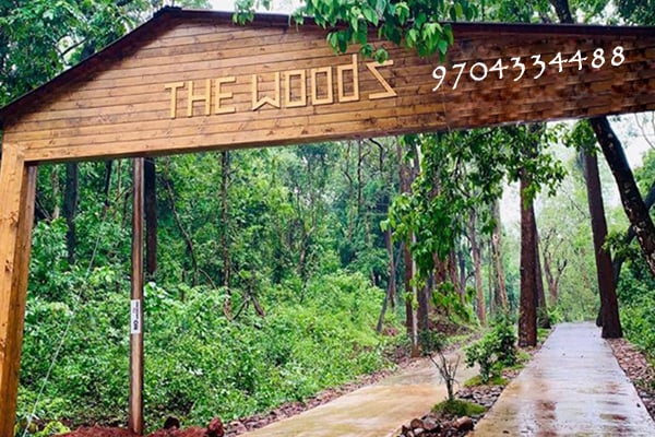 The Woods entrance gate opening onto a forest path